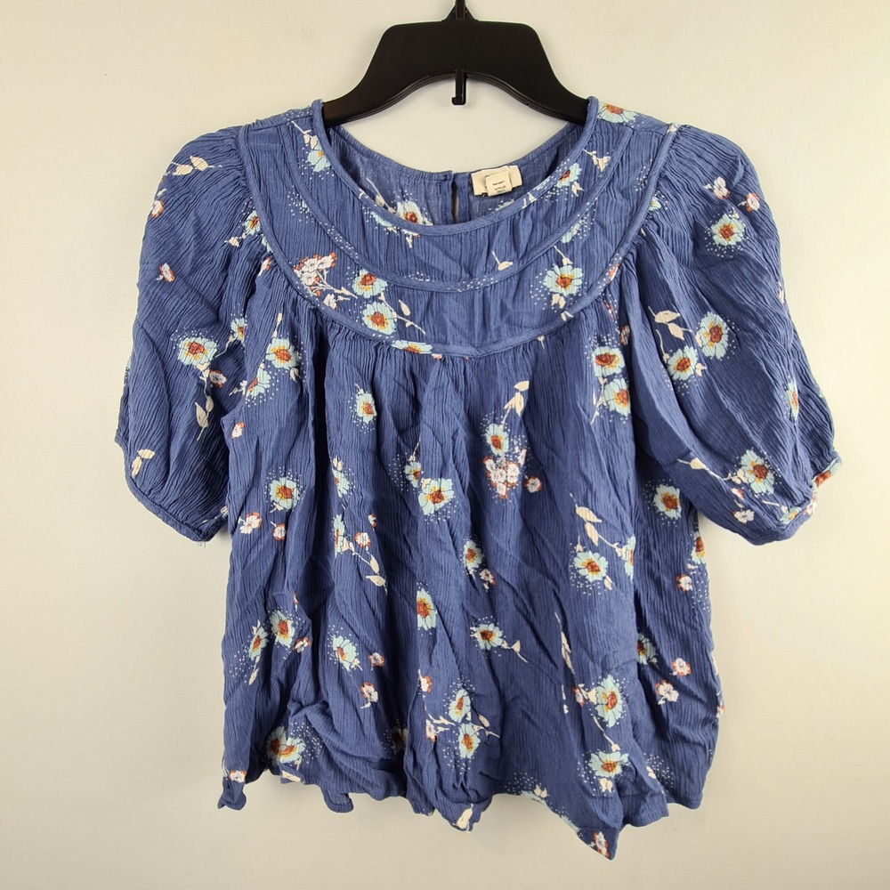 a.n.a Blue Floral Crinkle Gauze Peasant Blouse Short Puff Sleeve Button Back S